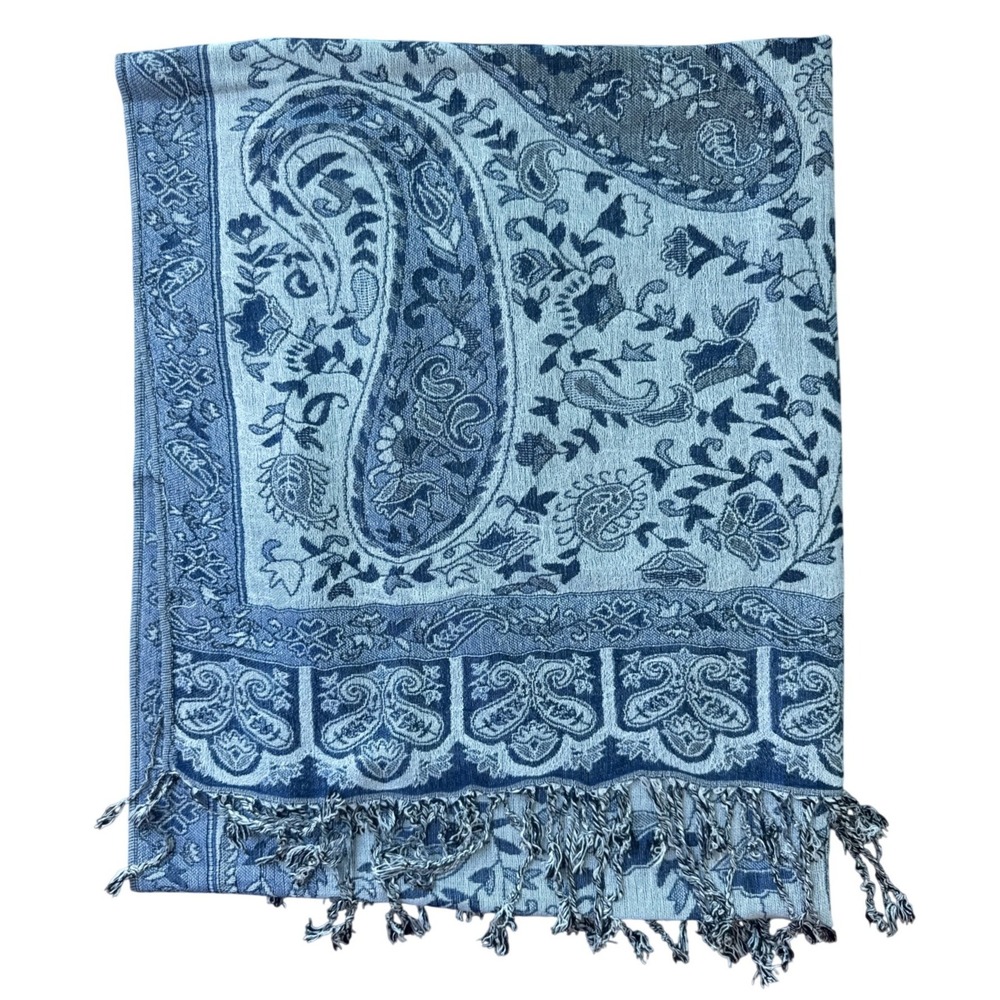 Paisley Pashmina Shawl Women OS Blue Boho Fringe Wrap NWOT